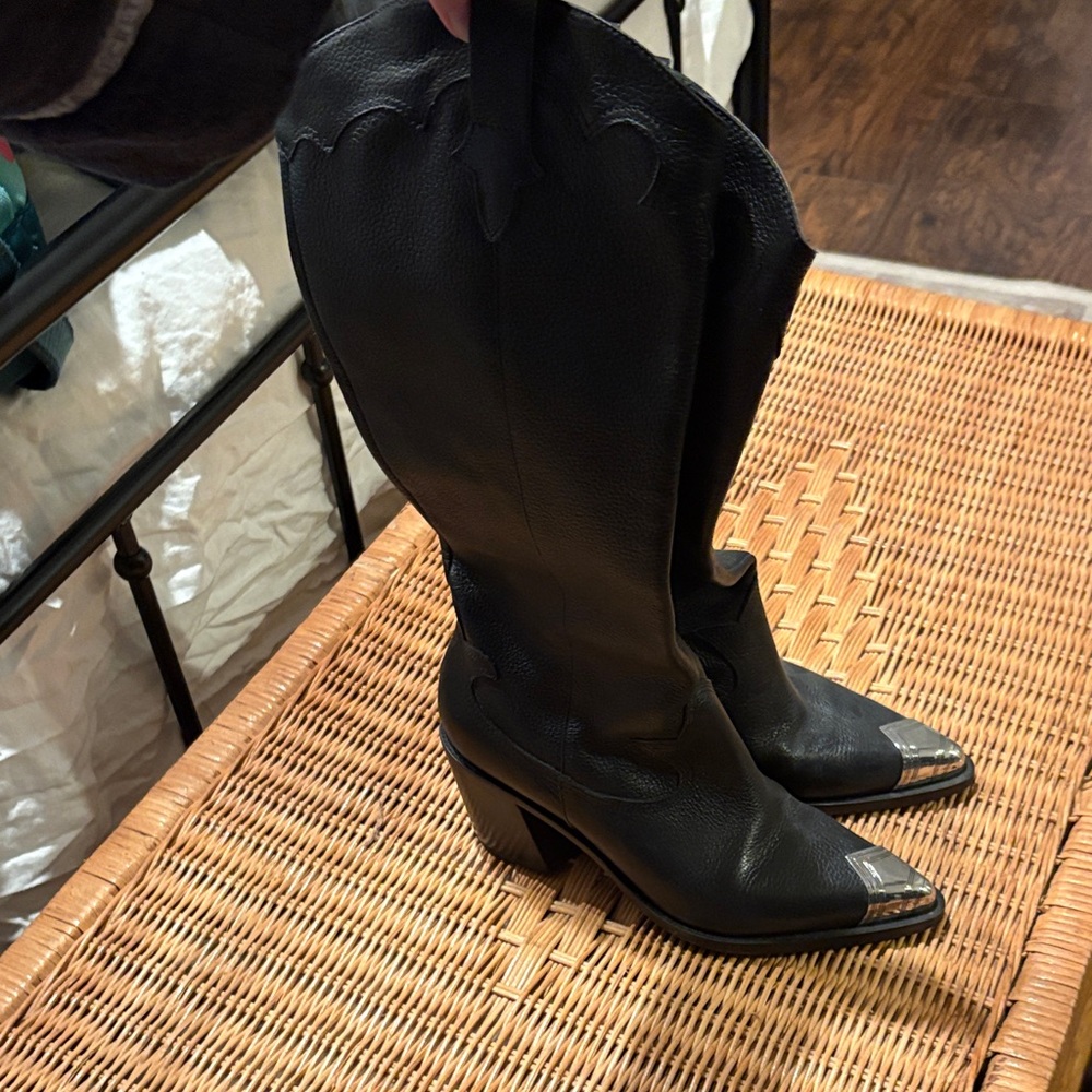 Black Leather Western Mid-Calf Heeled Boots with Metal Toe